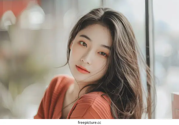 Portrait of Asian Woman with Long Hair Looking at Camera