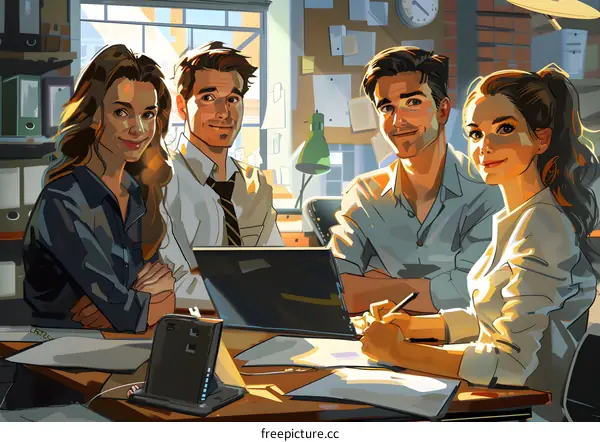 A group of people sitting around a table and working together in an office space.