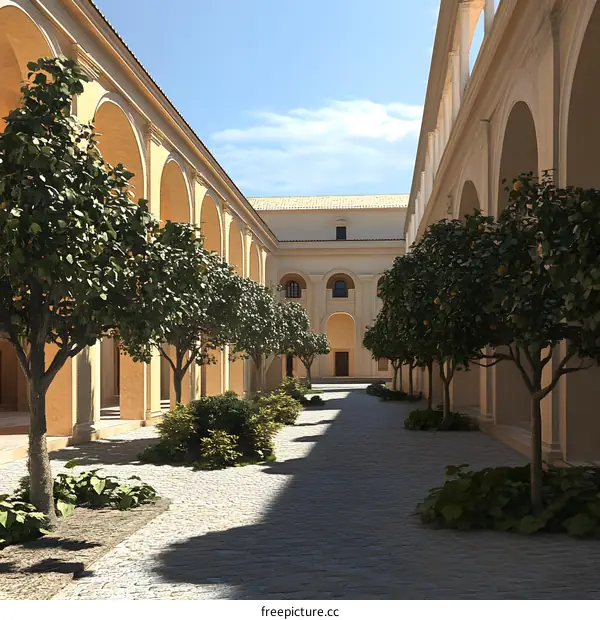 Arches and Trees in a Sunny Courtyard