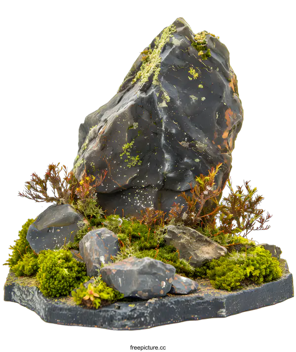 [Transparent Background PNG]Grey Rock Formation with Green Moss and Plants