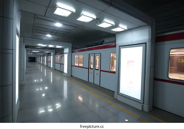 Subway Station Platform with Train and Advertising