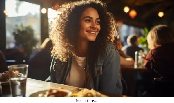 Portrait of a smiling young woman with curly hair sitting in a restaurant