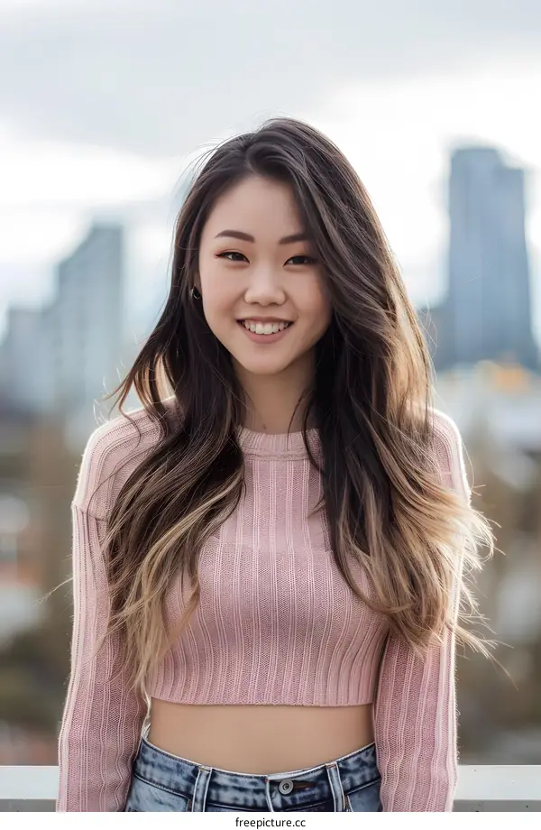 Smiling Asian Woman Wearing Pink Sweater and Jeans in Front of City Skyline