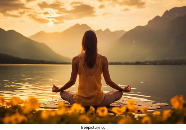woman meditating in front of mountains and lake at sunset