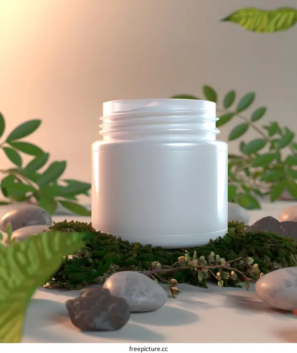 White Plastic Jar on Green Moss with Stones