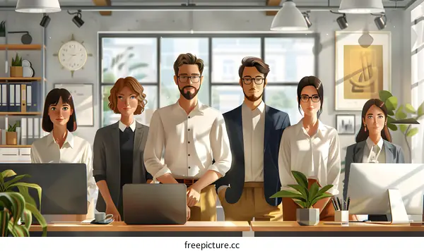 A group of people standing in an office