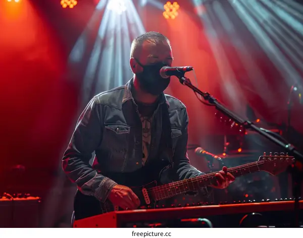 A masked musician playing the guitar and keyboard on the stage under the spotlights
