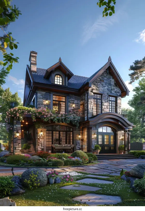A Stunning Stone House with Lush Landscaping