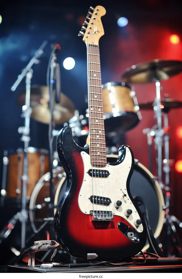 Black and Red Electric Guitar on Stage with Drums