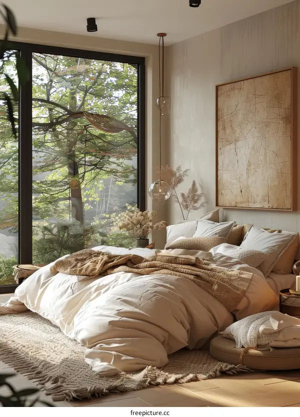 Cozy Beige Bedroom with Forest View