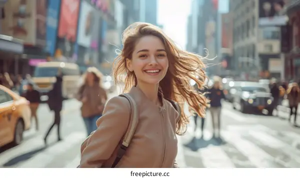 Happy young woman walking in the city