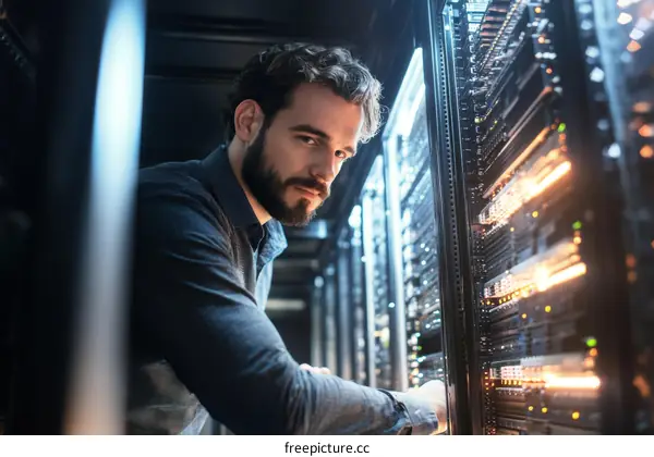 Technician Examining Server in Data Center