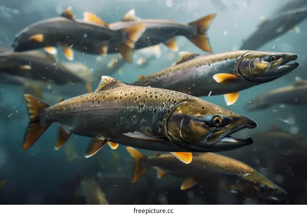 A school of fish swims in the ocean