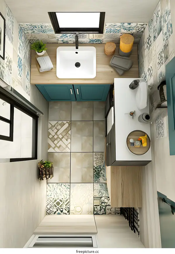 Top View of a Small Bathroom with a Sink and Tiles