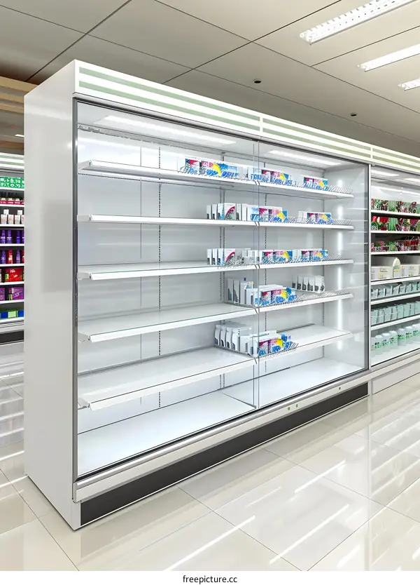 Empty Refrigerated Display Case in a Grocery Store
