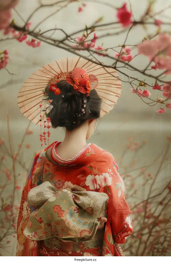 A woman in a kimono standing under a cherry blossom tree