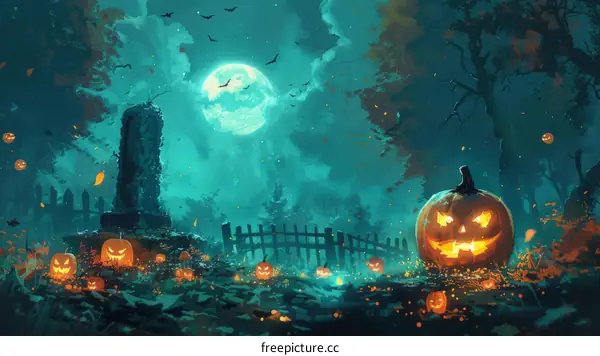 Spooky Halloween Graveyard with Pumpkins and Moon