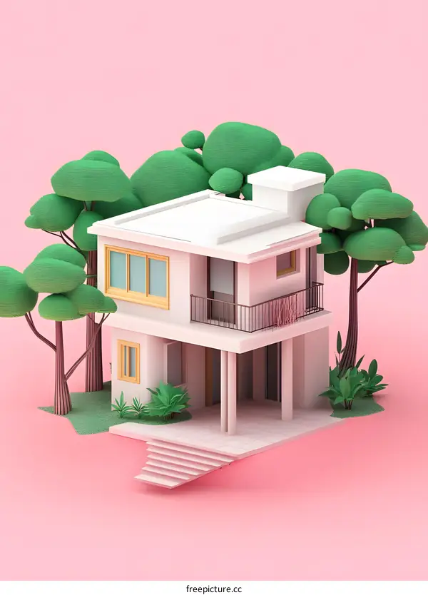 Minimalist House with Trees 3D Render