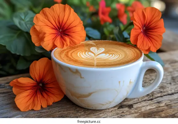 Cappuccino with orange flowers