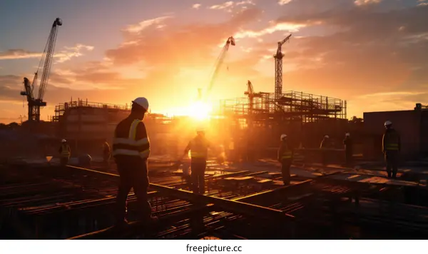 Construction workers on a building site at sunset