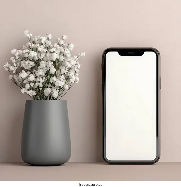 Mockup of a Smartphone With a Vase of Flowers on a Pink Background