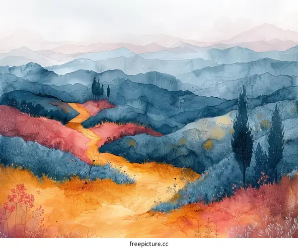 Vibrant Watercolor Mountain Landscape with Winding Road
