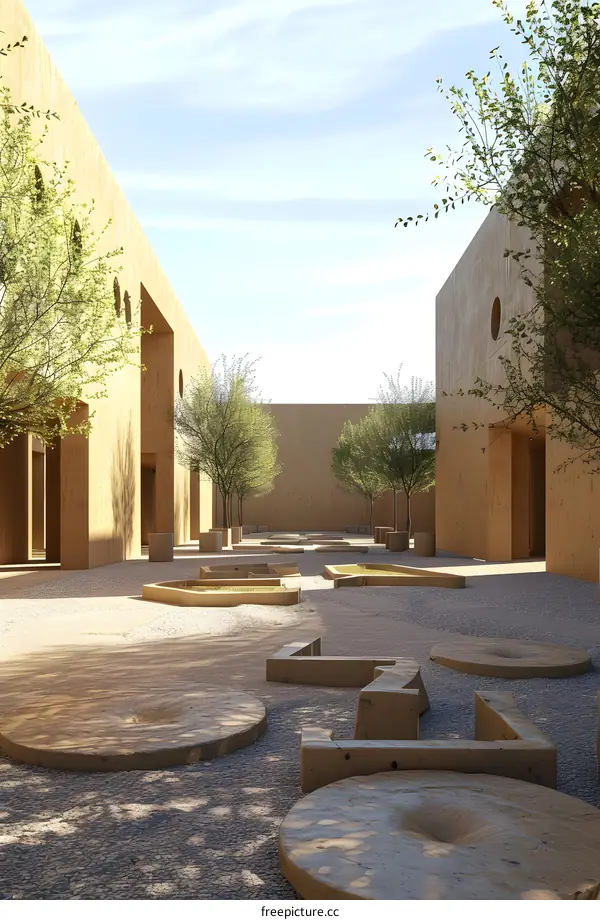 Minimalist Courtyard with Stone Features and Green Trees