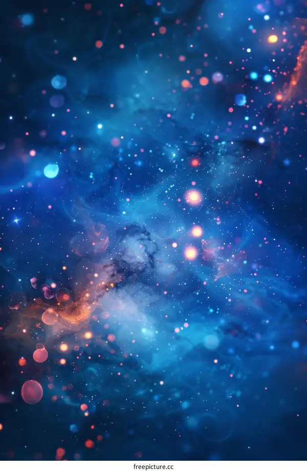 Blue and orange glowing particles in deep space