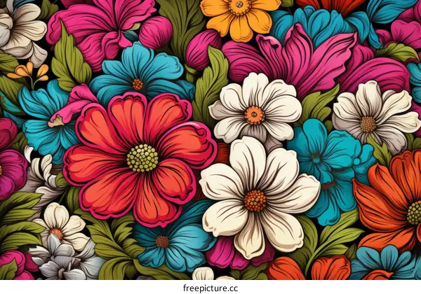 Vibrant and colorful pattern with a variety of flowers