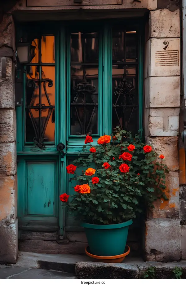 Green Door with Potted Flowers