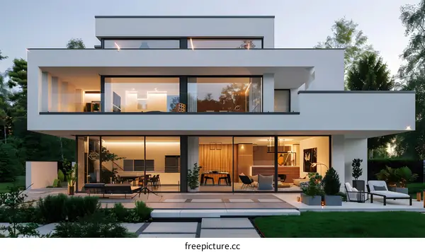 Modern White House With Large Windows And Patio