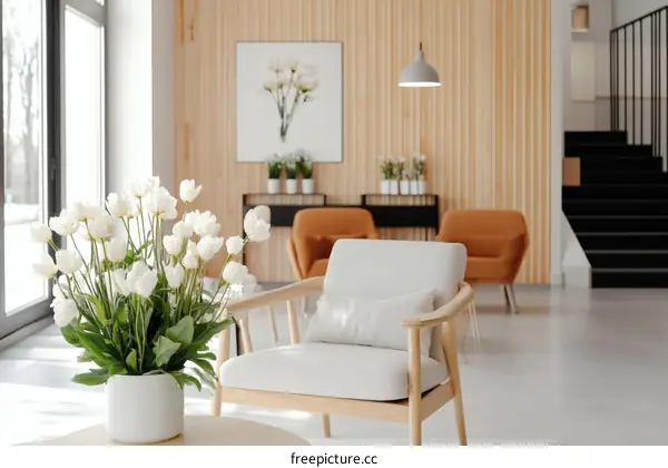 Modern Minimalist Living Room with White Tulips
