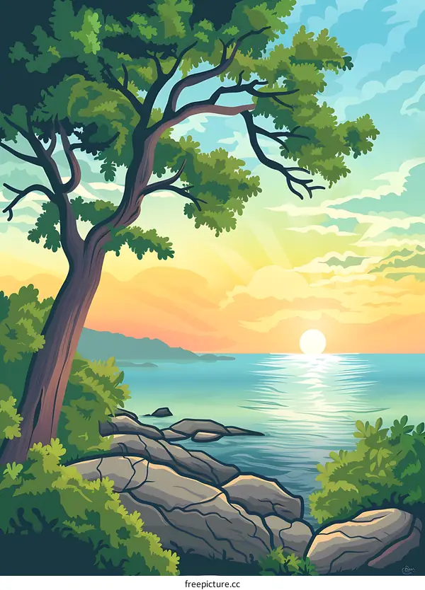 Sunset Over the Sea With Green Trees