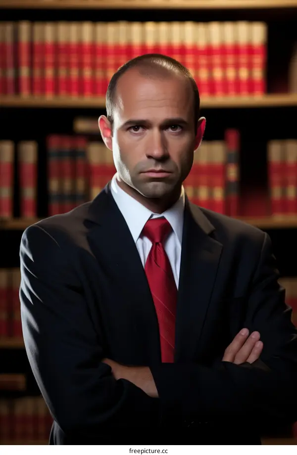 Lawyer Standing in Library with Arms Crossed