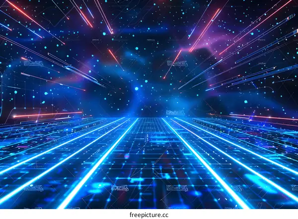 Blue and purple digital landscape with glowing grid