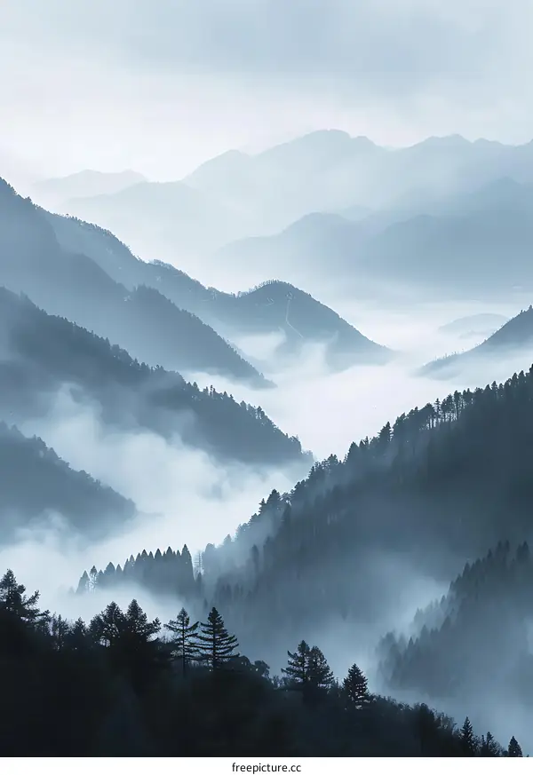 Misty Mountain Landscape in Blue Tones