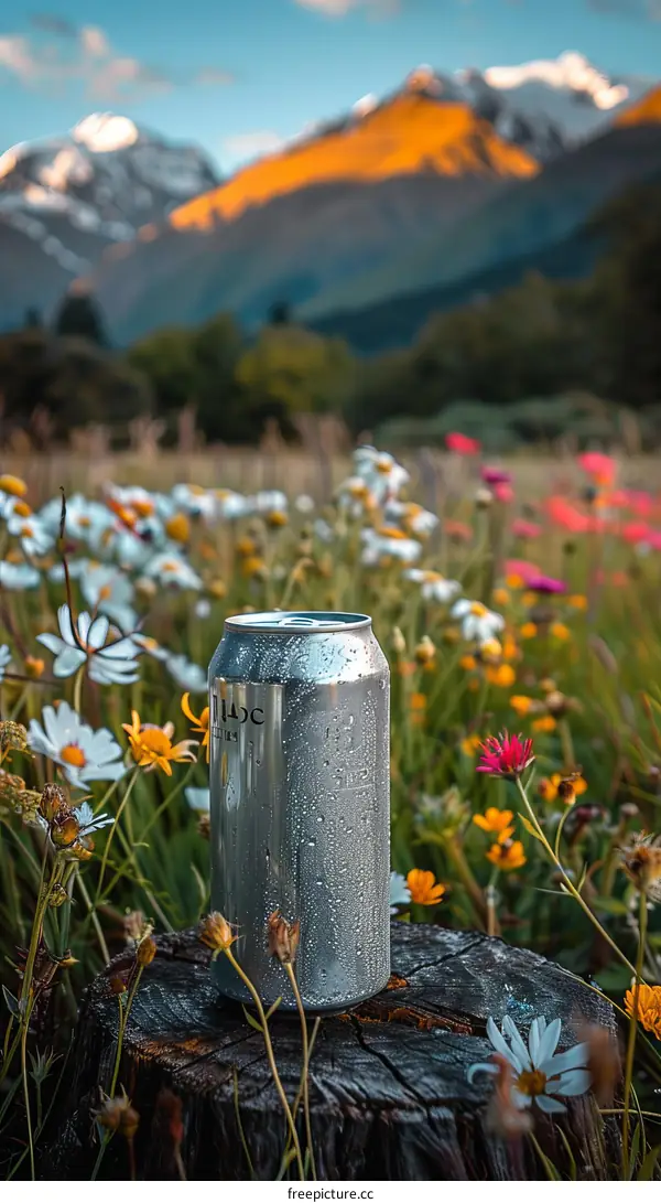 Aluminum Beer Can on a Tree Stump between Yellow Flowers with Mountains in the Background