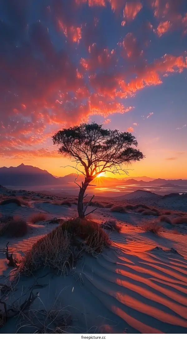 Arid Desert Landscape with Lone Tree at Sunset