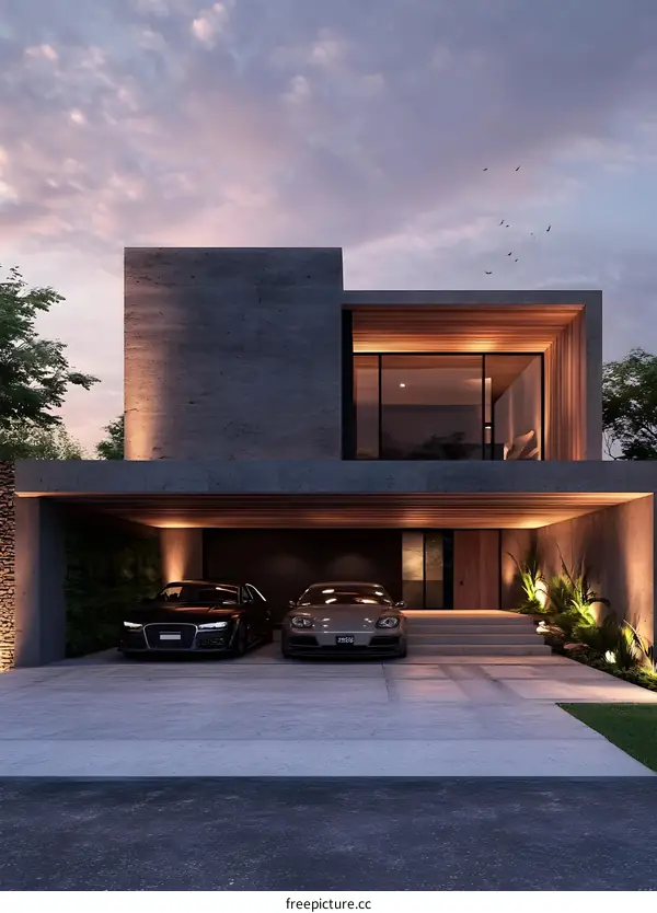 Modern Concrete House with Wooden Accents and Garage