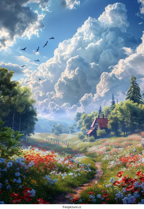 A Colorful Meadow Home with a Cloudy Sky