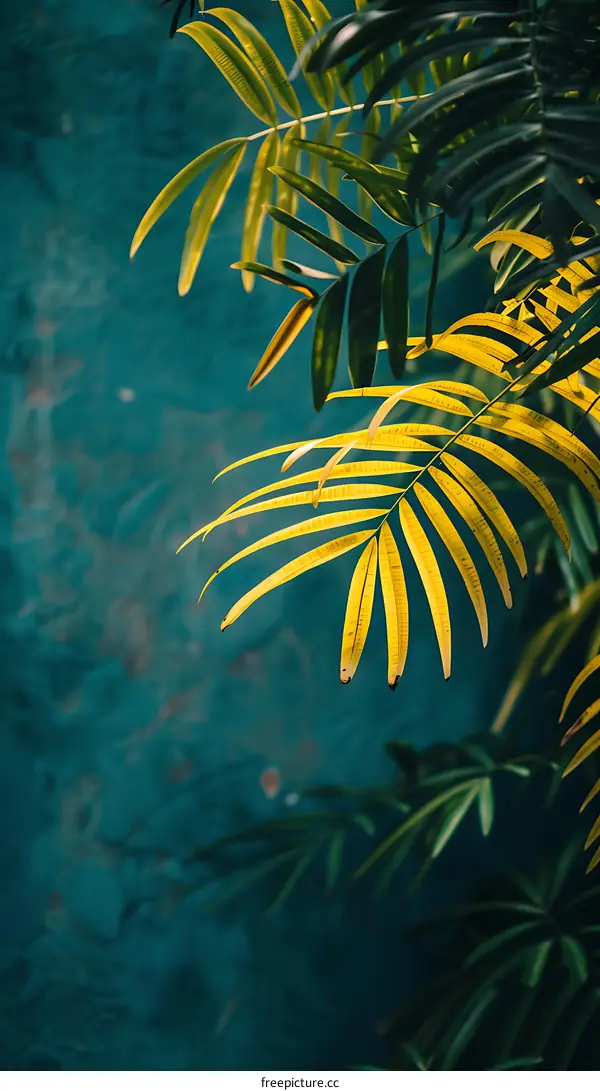 Yellow Palm Leaf Against Teal Wall