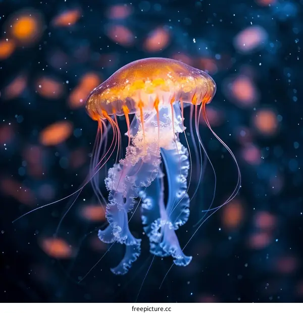 Orange Jellyfish in Deep Blue Ocean Water