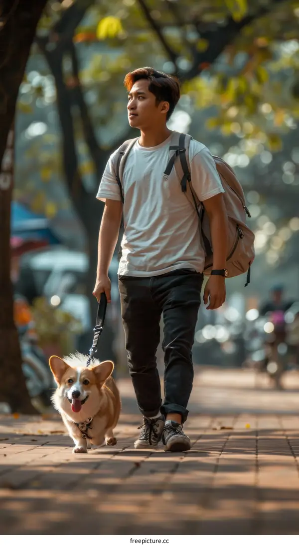 Asian man walking his corgi dog on a leash on a tree-lined sidewalk