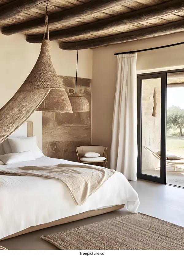 Minimalist Bedroom with Natural Light and Woven Accents