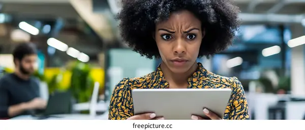 African American Businesswoman Looking at Tablet With Concern