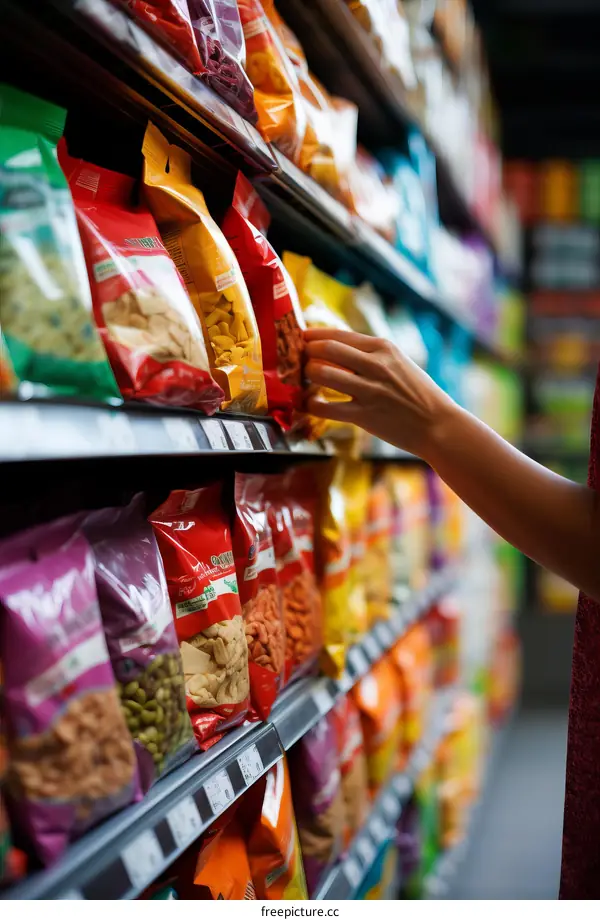 Person's hand reaching for a bag of chips on a grocery store shelf