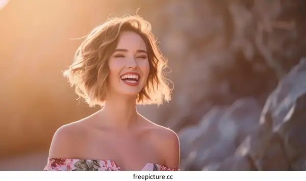 Portrait of a beautiful young woman with short blonde hair and blue eyes laughing in the sunlight