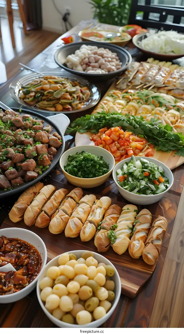 A table full of delicious food, including bread, vegetables, and meat.