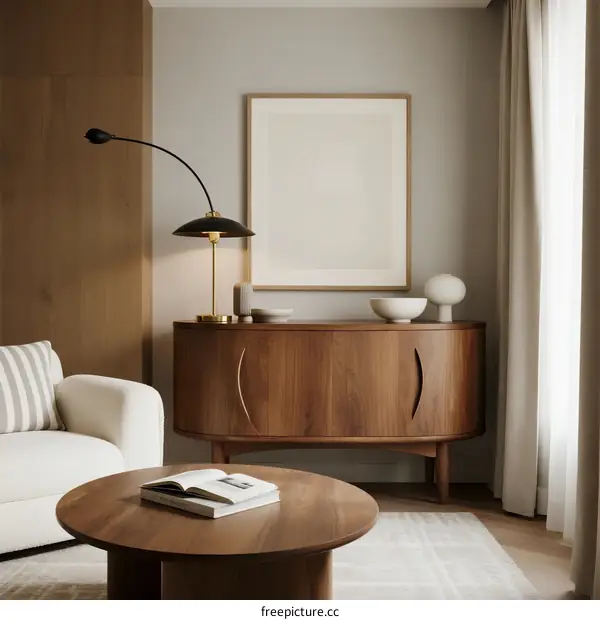 Modern living room with wooden furniture and elegant decor