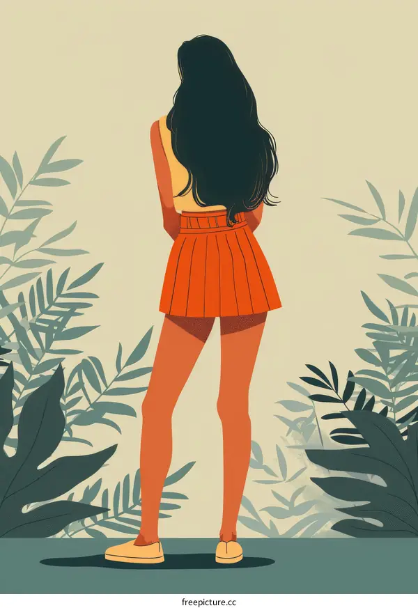 A woman wearing a red skirt standing in front of a wall with plants